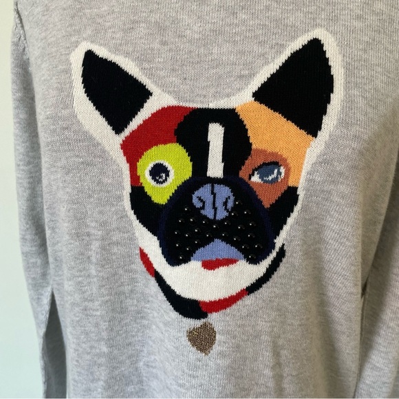 Anthropologie Lisa Todd Frenchie French Bulldog Patchwork Abstract Sweater Sz XS - Picture 7 of 12